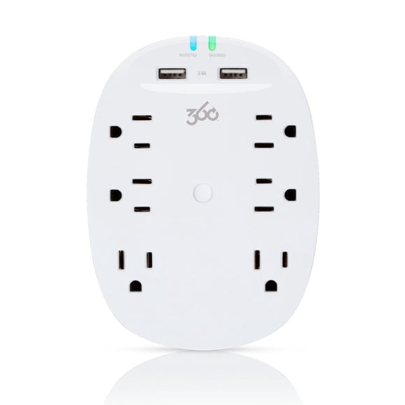 360 Electrical Studio2.4 6 Outlet Surge Protector with 2 x 2.4 Amp USB Ports - White