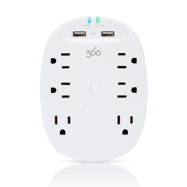 360 Electrical Studio2.4 6 Outlet Surge Protector with 2 x 2.4 Amp USB Ports - White