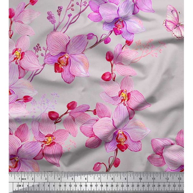 Soimoi Poly Georgette Fabric Bird & Orchids Flower Fabric Prints By Yard 52 Inch Wide