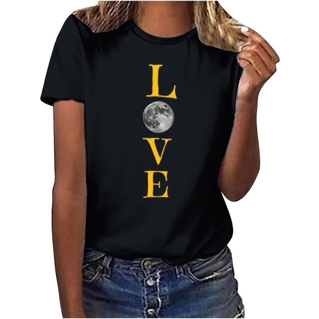 Penkiiy T-Shirt Musulman Ramadan pour Femmes T-Shirts Graphiques Mignons pour Femmes Col Rond Manches Courtes Imprimé Lune T-Shirt Décontracté 2TG Noir