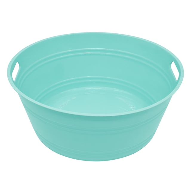 Mainstays 17.5-in Light Blue Plastic Round Party Tub with Handles, a durable plastic round beverage tub with a light blue gloss finish and integrated side handles, measuring 17.5 inches diameter by 7 inches high, ideal for chilling bottled or canned drinks with ice at parties, lightweight, reusable, and often used for organizing party supplies.