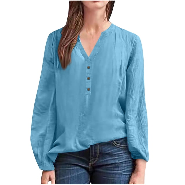AherBiu Hauts à Manches Longues pour Femmes Blouse en Coton et Lin Demi-Boutonnage Col en V Hauts de Sortie pour Femmes