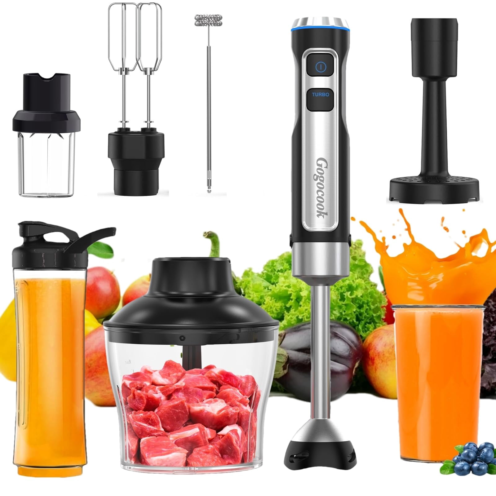 Immersion Blender Handheld 8 in 1 Hand Blender, Electric Blender Max 1000W Immersion Blender with 21 Speed & Turbo Mode, 21 Speed & Turbo Mode, Beaker Chopper Milk Froth