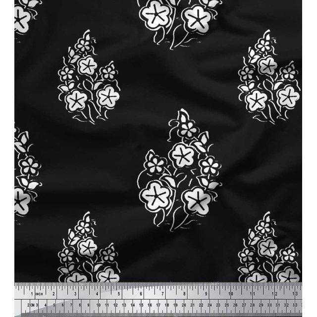 Soimoi Poly Georgette Fabric Leaves & Floral Block Print Sewing Fabric Yard 42 Inch Wide
