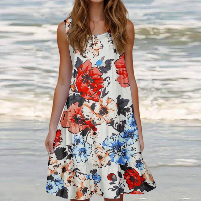 Ovzne Robes d'Été pour Femmes Robe Femme Mode pour Femmes Vacances Été Couleur Unie Sans Manches Fête Plage Robe Robe pour Femmes Imprimée Liquidation