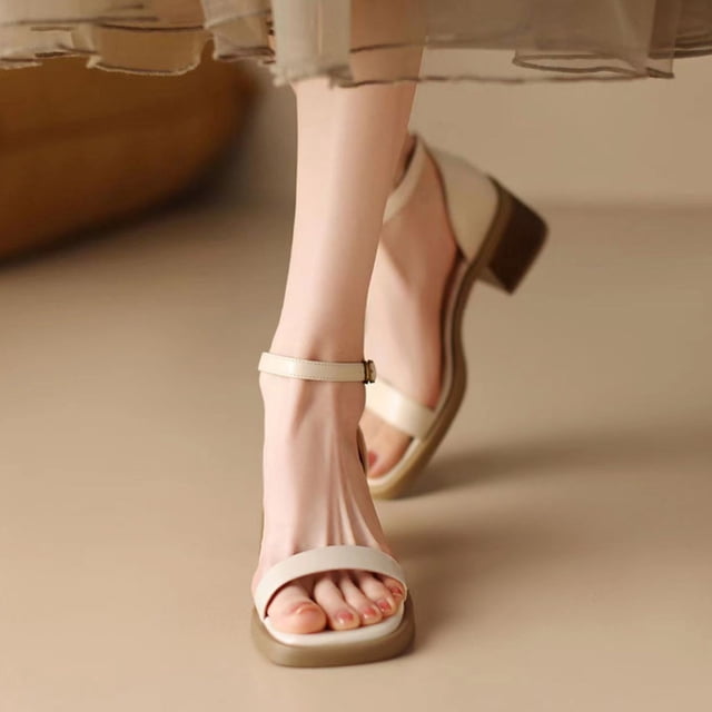 Cameland Womens Fashion Summer Peep Toe Ankle Strap Leather Sandals Block Mid Heels Shoes