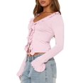 thumbnail image 2 of Women Ruffle Tie Front Cardigan Sweater Long Bell Sleeve Cropped Knit Sweater Top Pink L, 2 of 7