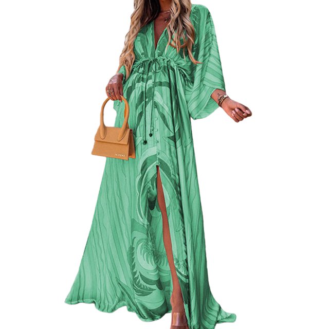 Bellella Robe Longue pour Femmes Manches 3/4 Robes Maxi Imprimé Floral Robe d'Été Hawaïenne Col en V par-Dessus Femmes Sorties de Plage Vert G