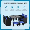 thumbnail image 4 of Outsunny 9 Pieces Wicker Patio Dining Set Outdoor Furniture Set with Removable Cushions, Glass Top Dining Table, Ottomans, PE Rattan Conversation Set for Garden Poolside, Blue, 4 of 10