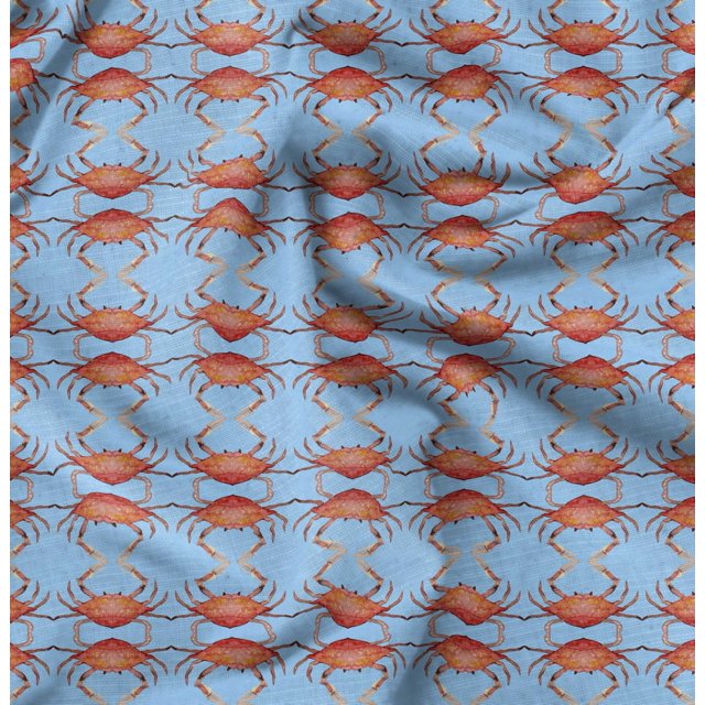 Soimoi Blue polyester Crepe Fabric Crabs Ocean Decor Fabric Printed Yard 52 Inch Wide