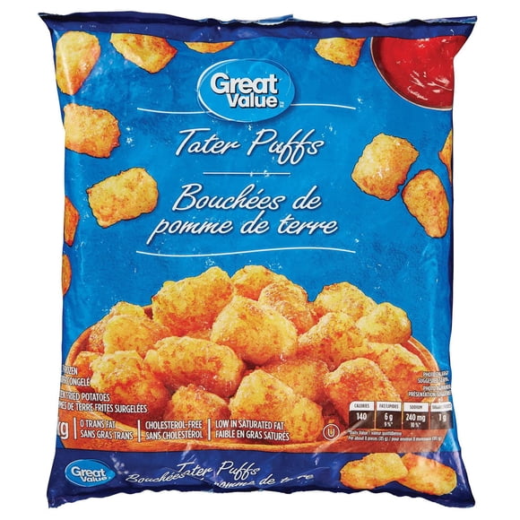 Great Value Tater Puffs, Frozen Fried Potatoes, 1 kg