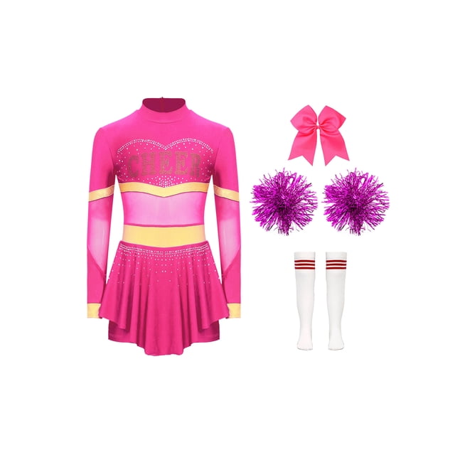 Aislor Tenue de Cheerleading pour Filles Enfants Halloween Cheer Leader Costume de Cosplay Rave Fête Danse Justaucorps Robe Rose Vif B 14