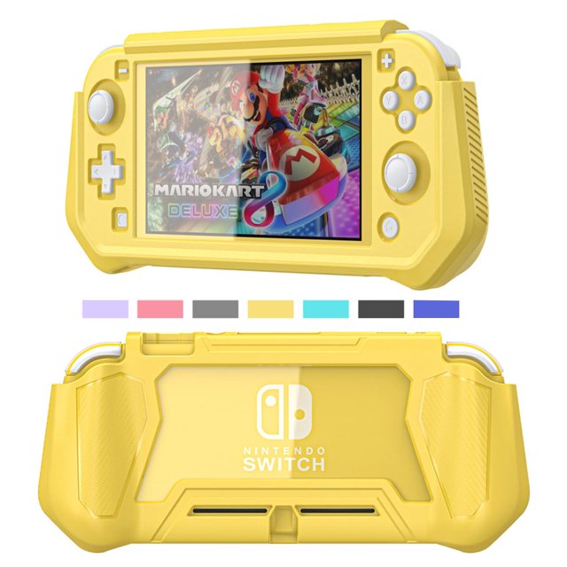 Compatible with Nintendo Switch Lite screen protector case cover in yellow, designed for video game accessories. Features a detachable protective case with hand grip, made with shockproof TPU and anti-scratch PC material for full protection against bumps, drops, and scratches. Ergonomic design with precise cutouts for easy access to controls. Includes wet and dry wipes for screen cleaning before installation.