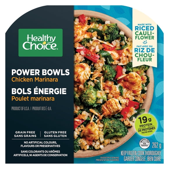 Healthy Choice Bols Énergie Poulet marinara Dîner Surgelé, Poulet avec riz de chou‑fleur, épinards, brocoli, tomates, poivrons rouges, oignons et chou frisé dans une sauce marinara, 17 g de protéines Repas surgelé, 262 g