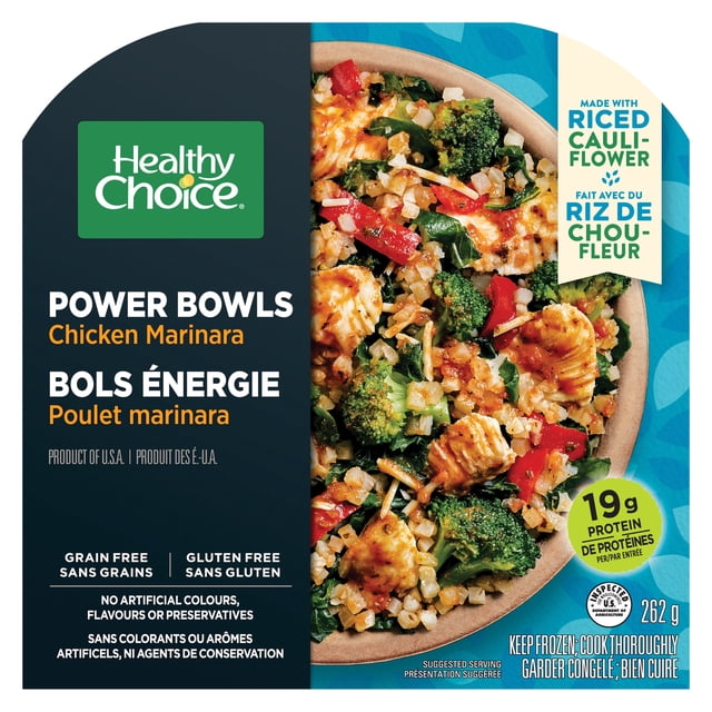 Healthy Choice Power Bowls Chicken Marinara frozen dinner with pulled all natural chicken breast, riced cauliflower, broccoli, spinach, red bell peppers, onions, and kale in marinara sauce topped with Parmesan cheese, grain-free, gluten-free, 19g protein, 262 g package, suitable for quick nutritious meals.