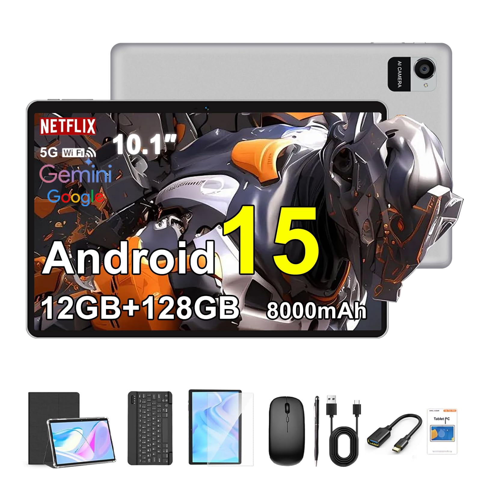 Crelander 10.1 Inch Android 15 Tablet, 12GB+128GB Android Tablet, 8000mAh Battery, 1280x800 Touchscreen, 5G WiFi/Bluetooth, Bundle with Case, Keyboard, Mouse & Stylus (Gray)