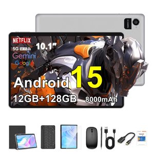 Crelander 10.1 Inch Android 15 Comprimé, 12 Go+128 Go Comprimeur Android, 8000mAh Batterie, 1280x800 écran tactile, 5G WiFi/Bluetooth, Ensemble avec boîtier, Clavier, Souris & Stylus (Gray)