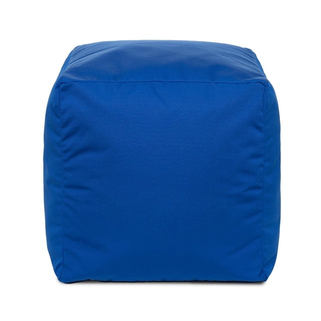 Gouchee Home Cube Soleil Outdoor/Indoor Blue Ottoman Pouf, a 16-inch cube upholstered in water-repellent, fade-resistant blue Olefin fabric with a smooth finish, filled with high-density polystyrene beads for firm, lightweight support, suitable for indoor or outdoor seating or footrest.