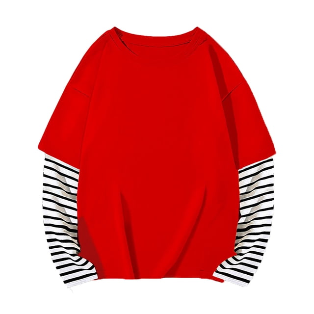 Infant Boys T-Shirts Summer Sweatshirt Fall Patchwork Long Sleeve Cotton Blend False Two Piece Striped Top Daily Spring Shirts For Kid 12-24M
