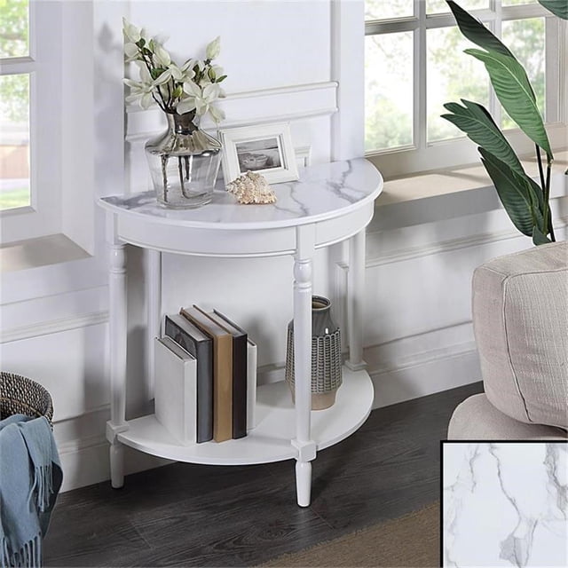 Table d'Entrée Demi-Ronde Style Campagnard Français avec Tablette, Fini Bois Blanc