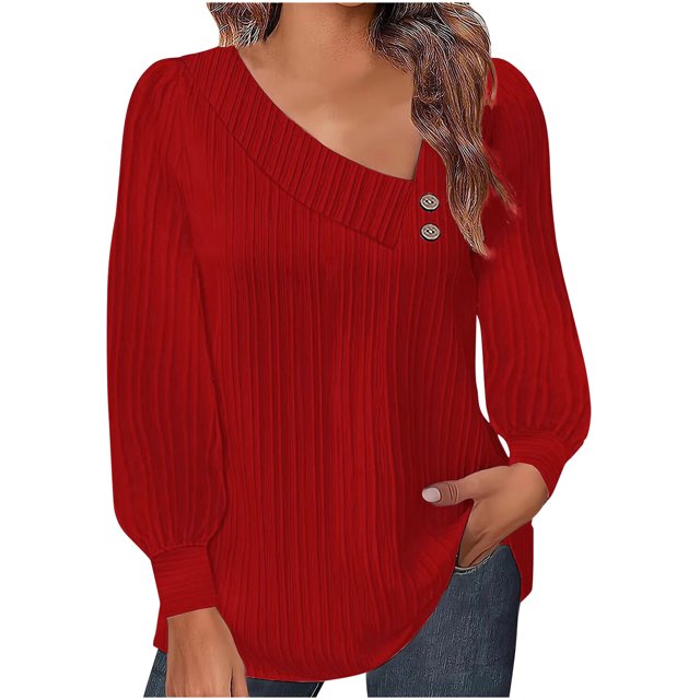 Yuyuzo Womens Puff Long Sleeve Shirts Collared Button V Neck Tunic Tops Textured Loose Fall Blouses