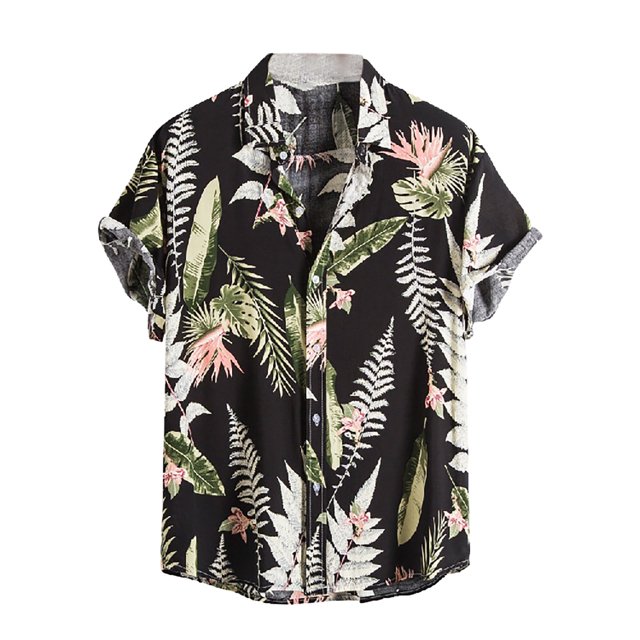 Leutsin Men Short-Sleeved Printed Color Buttons Cardigan Casual Shirt Tops
