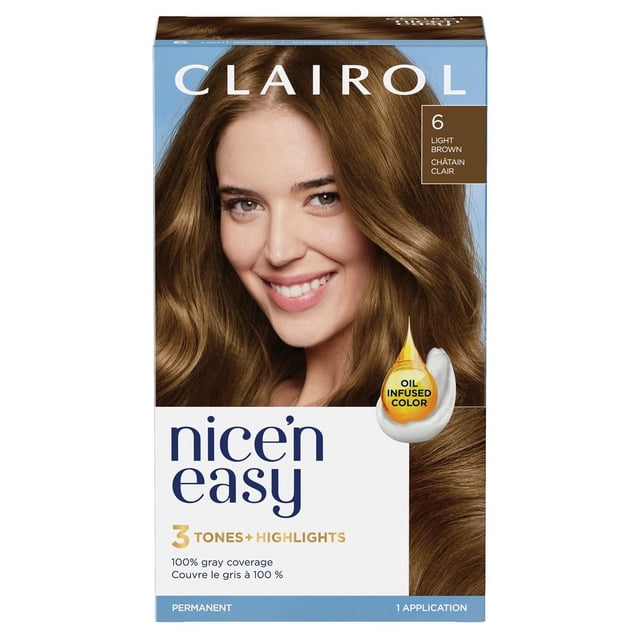 Clairol Nice'n Easy Permanent Hair Dye in light brown shade 6 with 3 tones and highlights, oil infused color for 100% gray coverage, permanent formula, and one application for natural-looking hair color.