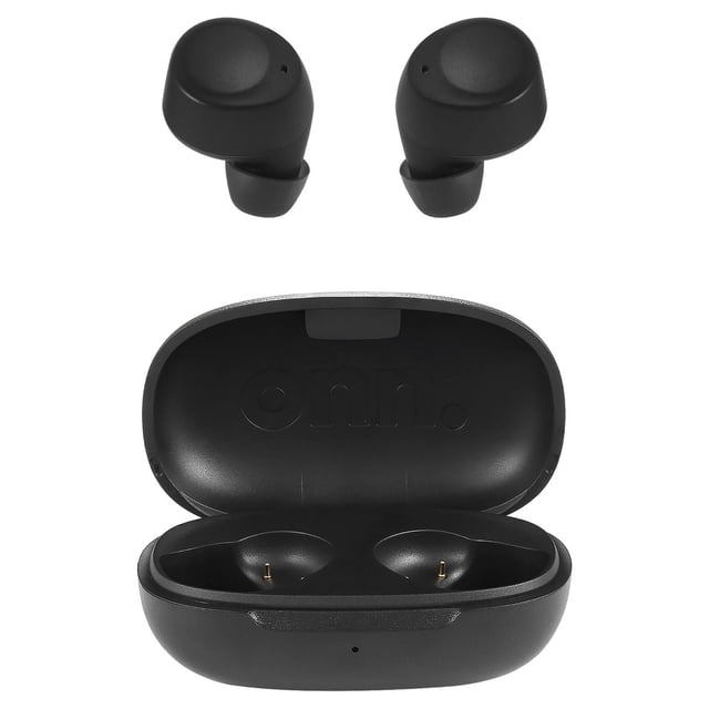 onn. Wireless In-Ear Earphones with Charging Case showing two black wireless earbuds above an open black charging case with embossed onn. logo inside the lid, featuring Bluetooth wireless technology, 6 hours playtime per charge, and IPX5 waterproof rating suitable for sports and daily use.