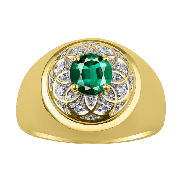RYLOS Men's Rings Yellow Gold Plated Silver Designer Gypsy 7MM Round Gemstone & Diamond Ring Emerald May Birthstone Size 12