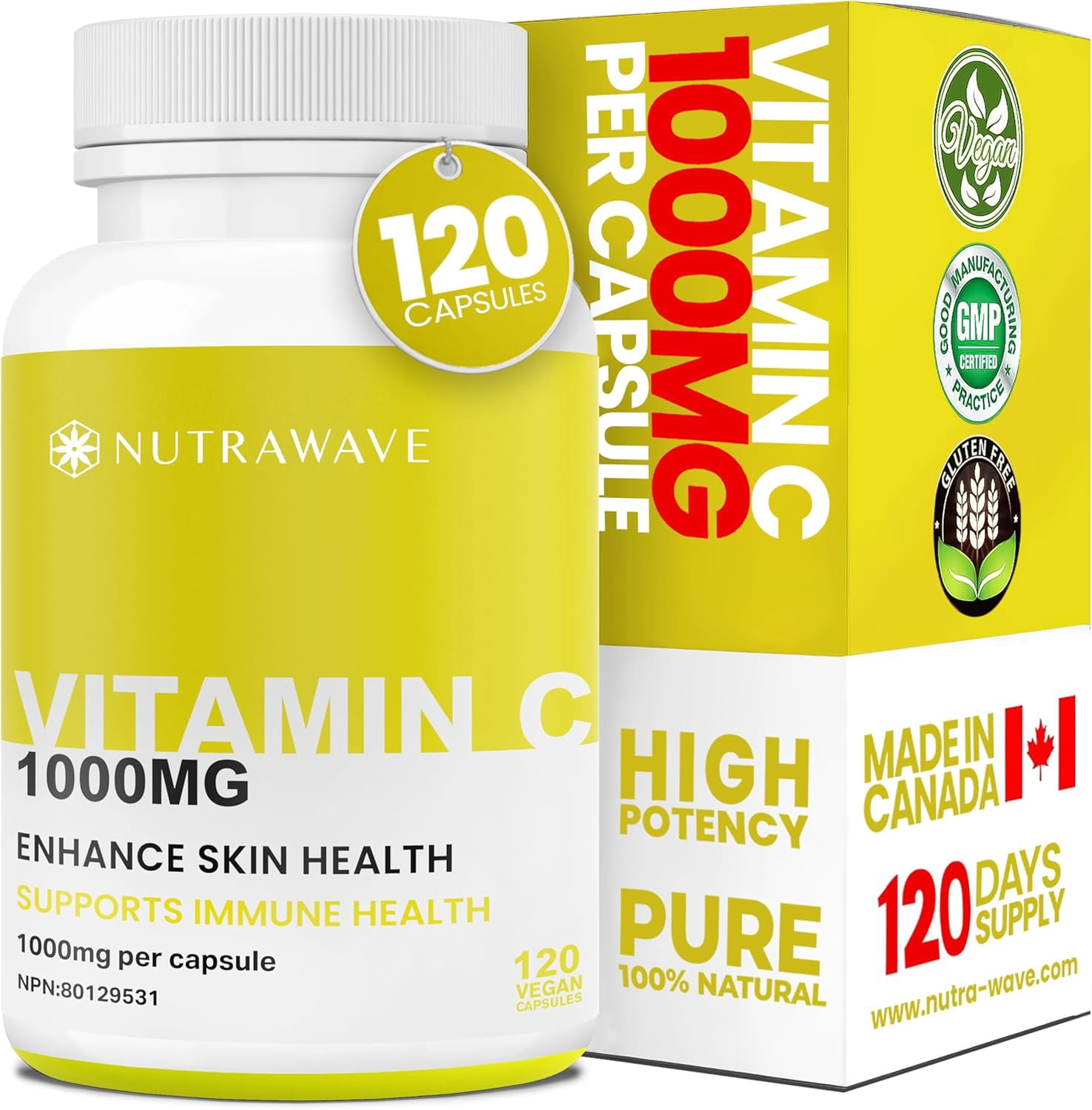 Nutrawave Vitamin C Extra Strength – Immune & Antioxidant Support, Ascorbic Acid for Collagen, Skin & Bone Health, 120 Vegan Capsules, Non-GMO, Gluten-Free, Made in Canada