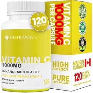 Nutrawave Vitamin C Extra Strength – Immune & Antioxidant Support, Ascorbic Acid for Collagen, Skin & Bone Health, 120 Vegan Capsules, Non-GMO, Gluten-Free, Made in Canada