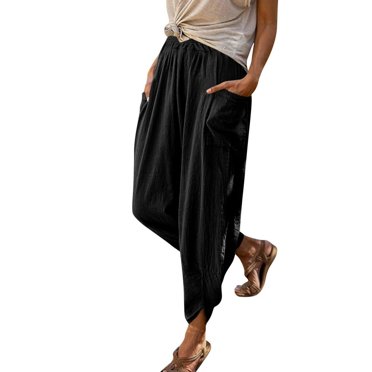MesaSe Culottes Boyshorts pour Femmes Taille Haute Couleur Unie Pantalons Longs Pantalons Faciles Neuf Minutes de Pantalons de Plage Poches Pantalons Robe de Nuit en Lin pour Femmes Vêtements de Nuit