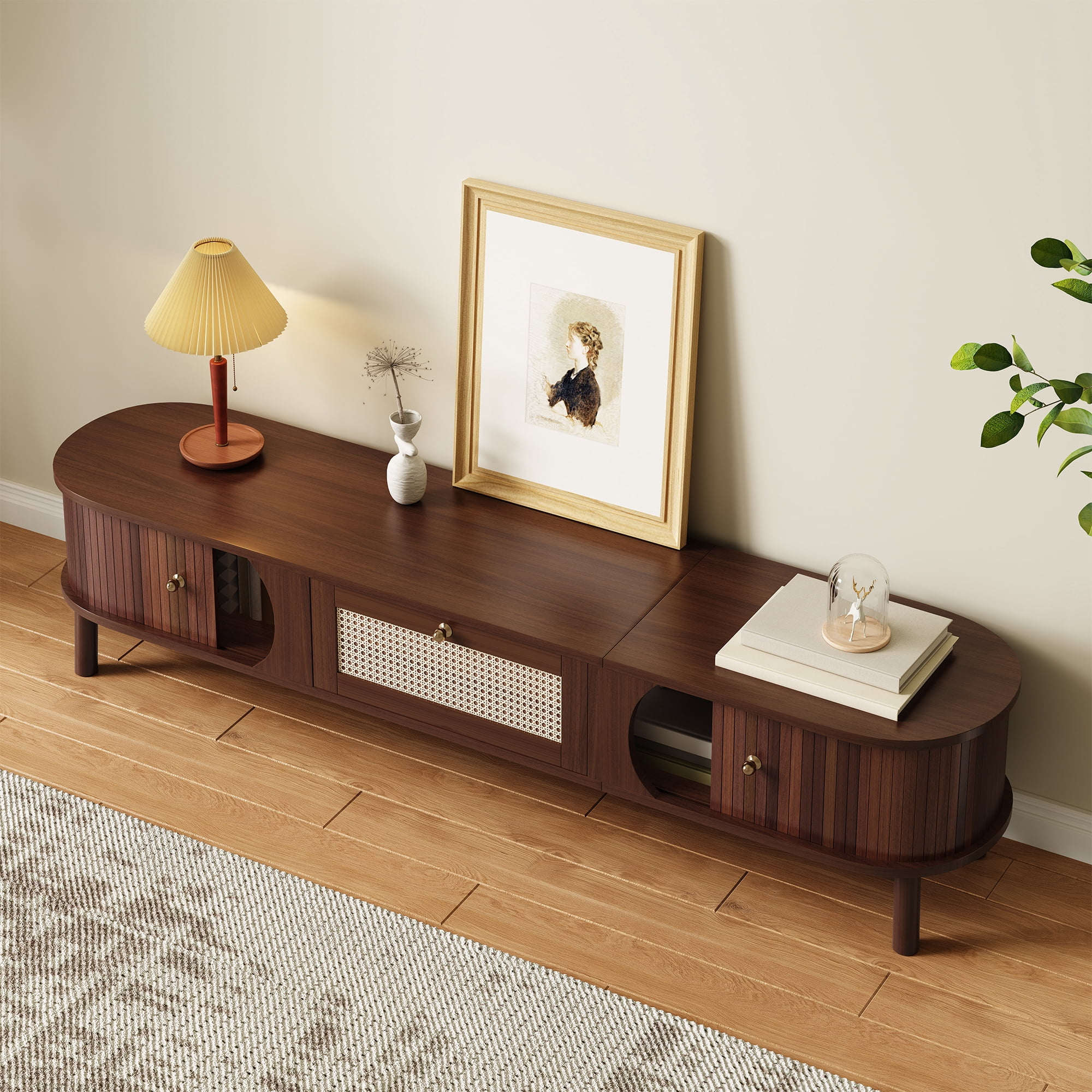 Noble House Meuble TV avec Portes à Lattes en Bambou et Tiroirs en Rotin, Solution de Rangement pour Console Multimédia Rustique, Naturel