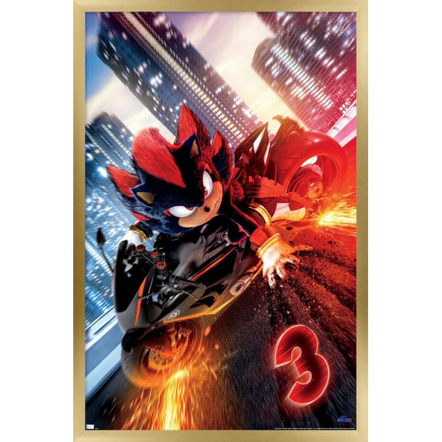 Sonic the Hedgehog 3 - Affiche Murale d'Une Feuille de Moto de l'Ombre, 14,725 Pouces x 22,375 Pouces Encadrée, Représentant Shadow the Hedgehog Chevauchant une Moto Noire et Rouge avec des Étincelles Volant du Pneu Arrière dans une Rue de Ville la Nuit avec des Gratte-Ciel Illuminés, le Numéro 3 Rouge Lumineux sur la Route, Idéal pour la Déco Murale dans les Chambres Ou les Bureaux.