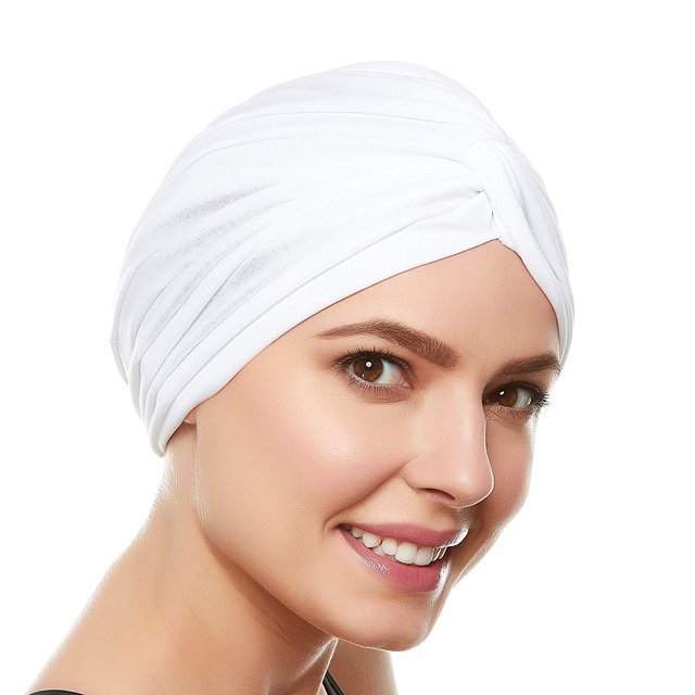 Beemo Womens Swim Cap Bathing Turban-Polyester Twisted Pleated Turban Head Cover - White