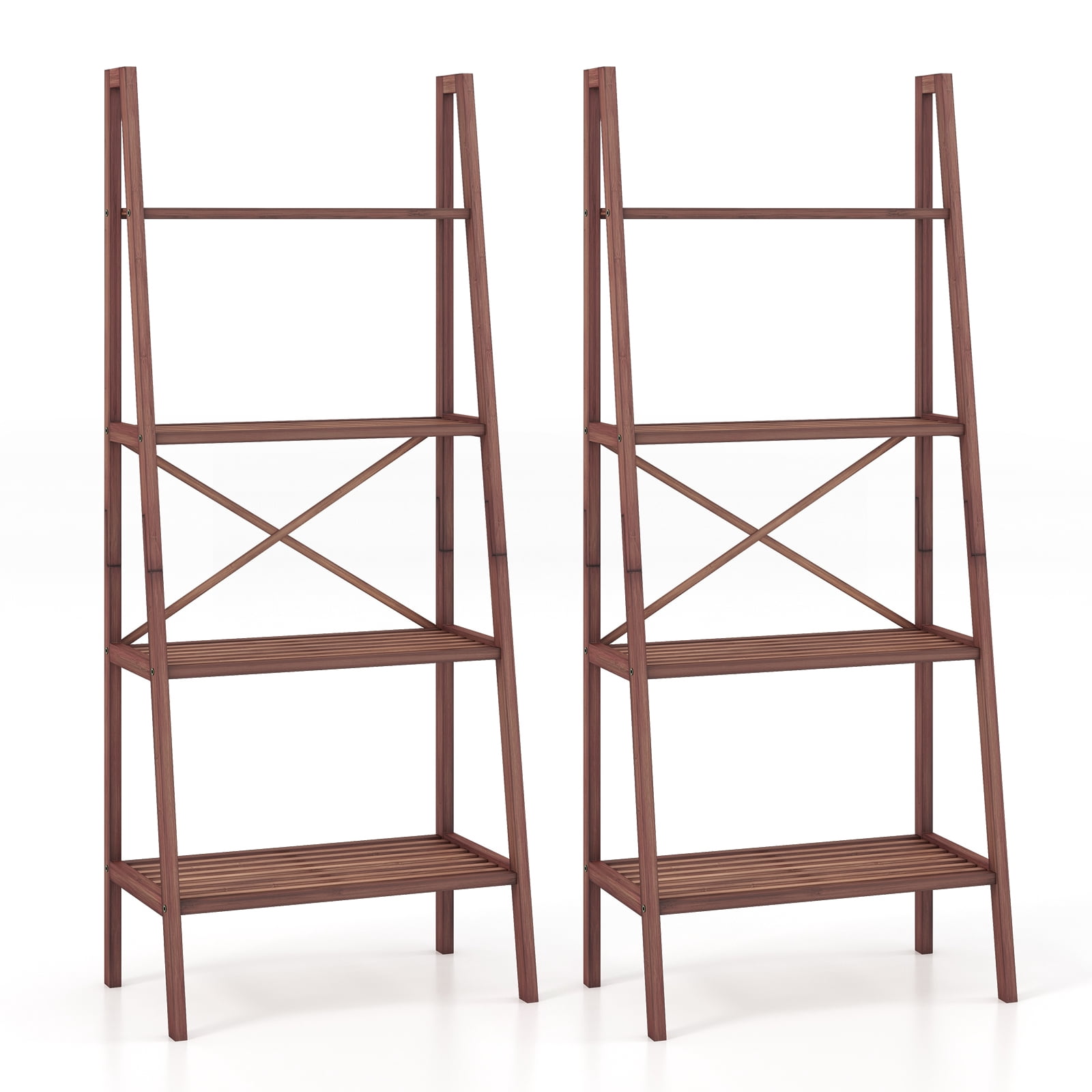 Patiojoy 4-Tier Bamboo Ladder Bookshelf Rustic Bookcase Floor Standing Shelving Unit Book Shelf Storage Organizer 2pcs