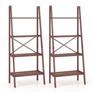 Patiojoy 4-Tier Bamboo Ladder Bookshelf Rustic Bookcase Floor Standing Shelving Unit Book Shelf Storage Organizer 2pcs