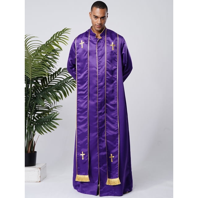 RUNQHUI Men's Priest Robe With Gold Trim And Cross Front Zip Closure For Church Worship And Cosplay Purple 3XL