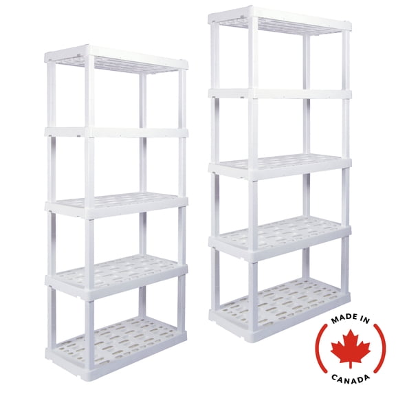 Étagère de rangement en plastique ultra-résistant à 5 niveaux (H 186,7 cm x P 45,7 cm x L 91,4 cm), lot de 2, blanc, capacité totale de 340 kg.