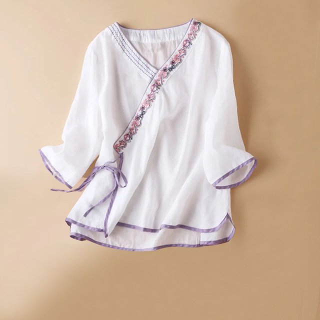 Blouses pour Femmes, Haut à Manches Courtes en Coton et Lin Style Renaissance avec Broderie pour Femmes, Haut à Manches Courtes à Col en V
