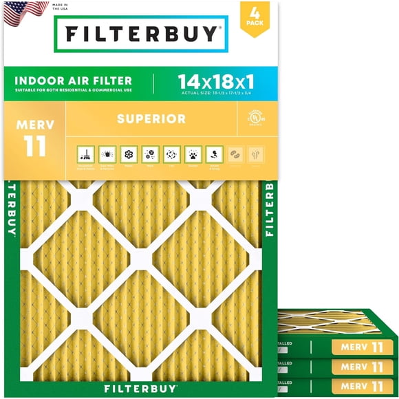 Filterbuy 14x18x1 MERV 11 (MPR 1200) Allergen Defense, Pleated HVAC AC Furnace Air Filters (4-Pack)