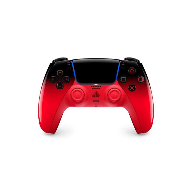 DualSense® Wireless Controller – Techno Red with a front-facing ergonomic design, featuring a gradient from black gloss to vibrant red, red analog sticks, PlayStation logo, directional pad on the left, PlayStation shape buttons on the right, built-in speaker, touchpad outlined in blue, adaptive triggers, and haptic feedback for immersive gaming.