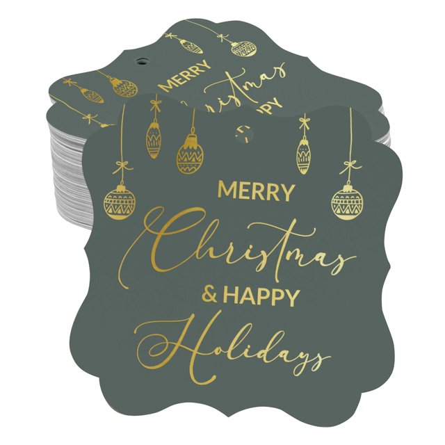 Inkdotpot Real Gold Foil Merry Christmas & Happy Text Tags Favor Bracket Shape Hang Pack Of 100 Paper Tags