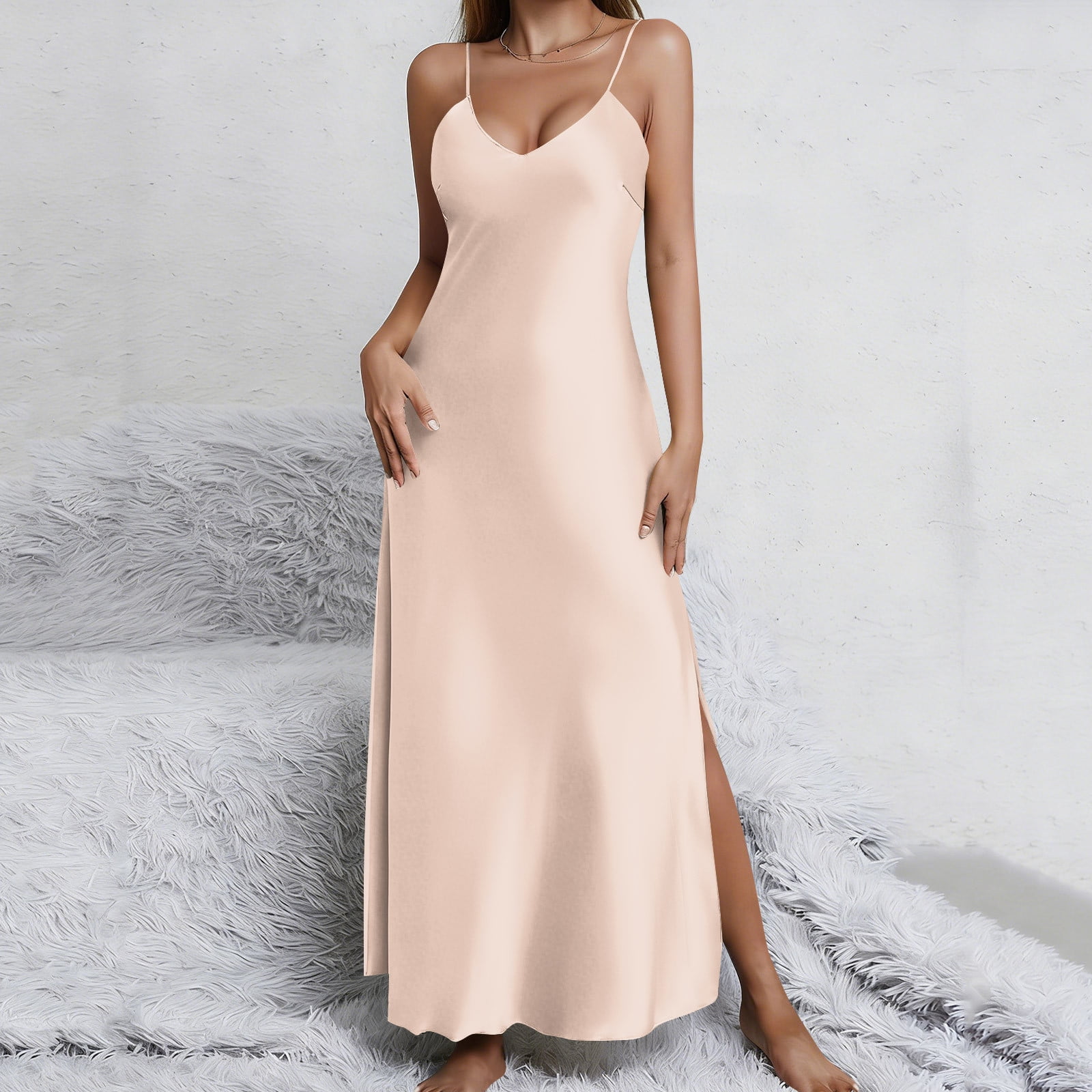 Mceream Summer Dresses for Women Plus Size Satin Sleeveless Long Dresses with Spaghetti Strap V Neck Cami Dress Casual Side Slit Maxi Dress Boho Nightdress Rose Gold S