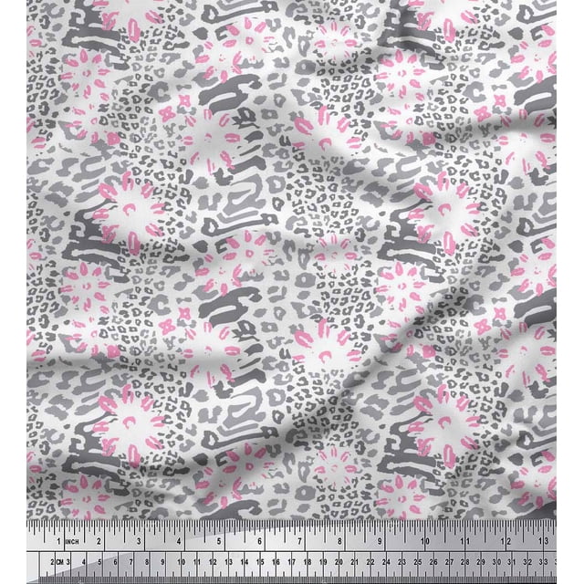 Soimoi White Rayon Fabric Leopard Animal Skin Print Fabric by the Yard 56 Inch Wide