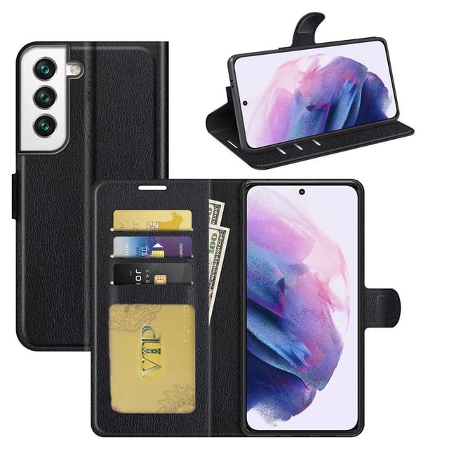 Samsung Galaxy S25 / S24 wallet case in black synthetic leather with a magnetic clasp. This cellphone case features multiple credit card slots, a bill pocket, and a foldable design that converts into a media stand. The inner case is made of TPU for shock absorption and device protection.