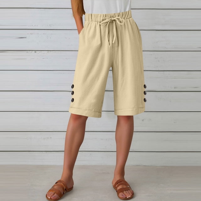 LVHAOGJOB Plus Size Shorts for Women with Pockets Linen Summer Elastic Waist Drawstring Solid Color Ladies Shorts Pants Beige