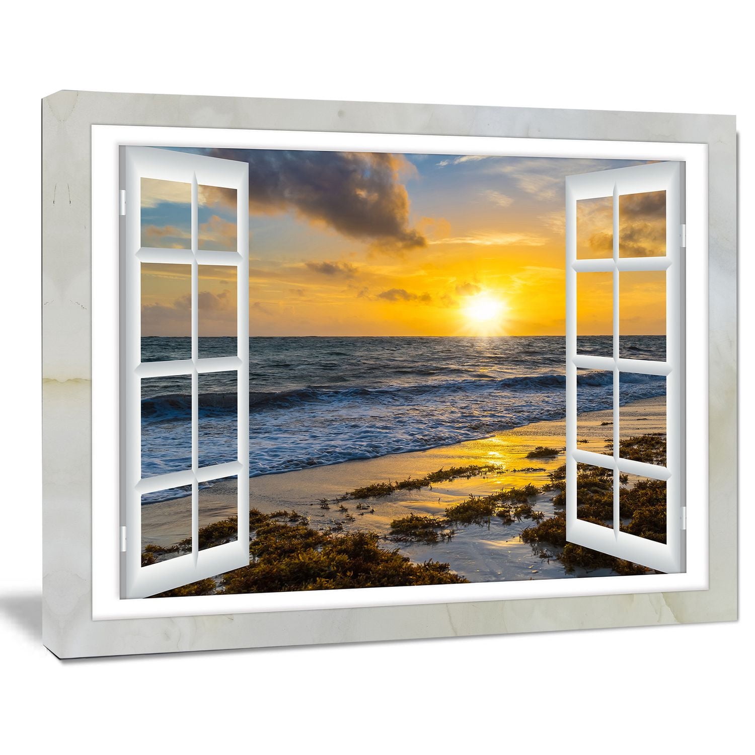 Tableau sur toile imprimée Design Art Paysage marin moderne Couchée de soleil jaune brillant à travers une fenêtre