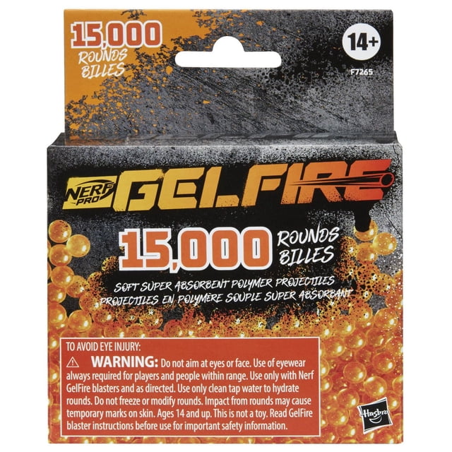 Nerf Pro Gelfire Refill pack with 15,000 soft super absorbent polymer rounds in a black and orange box with safety warnings, made for Nerf Pro Gelfire foam blasters used in outdoor play, for ages 14 and up.