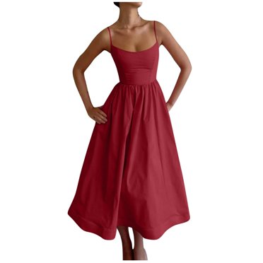 LOVZFMLL Robes d'Été pour Femmes 2025 Élégantes et Chics Robe d'Invitée de Mariage à Bretelles Spaghetti Évasée Fluide Maxi Portefeuille Robe d'Été Bordeaux L